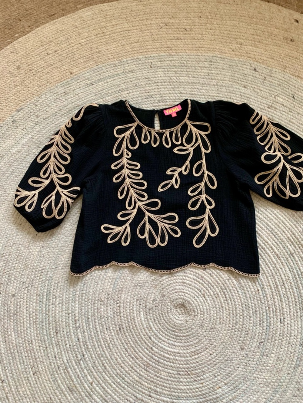 THML Black Blouse with Cream Botanical Embroidery - Picture 3 of 7
